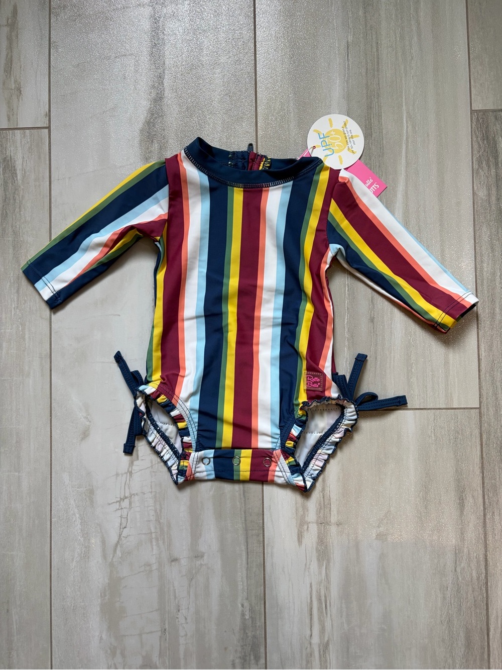 NWT RuffleButts Sunset Retro Stripe Long Sleeve Rash Guard Swimsuit Girls 3-6M